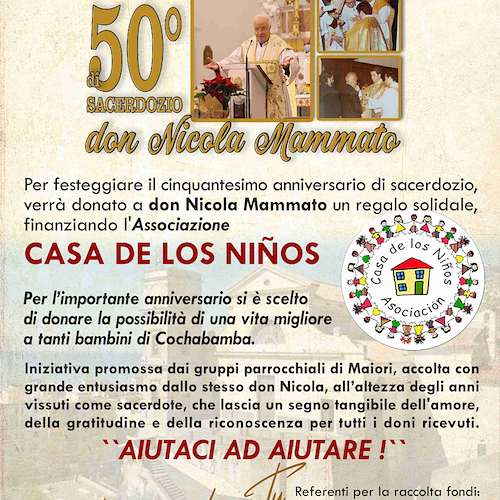 A Maiori per il 50esimo anniversario di Sacerdozio di Don Nicola una raccolta fondi per i bambini della Bolivia