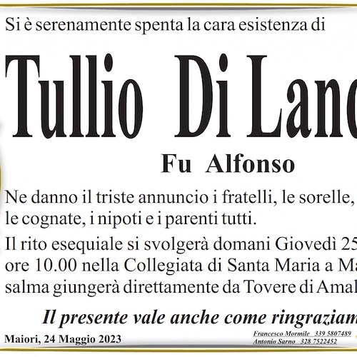 A Tovere si è spenta l'esistenza terrena di Tullio Di Landro, funerali a Maiori