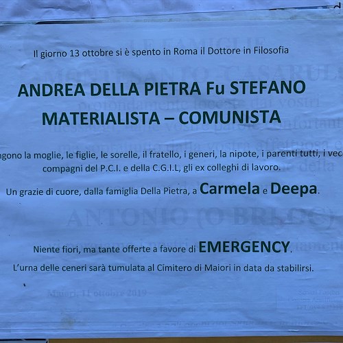 "Andrea Della Pietra non è più tra noi", il cordoglio dei compagni all'ex militante nel PCI maiorese