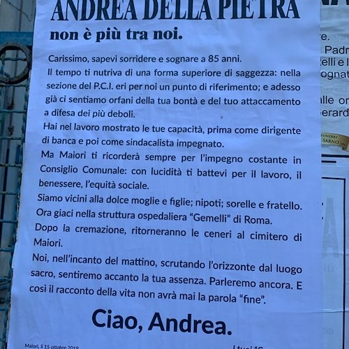 "Andrea Della Pietra non è più tra noi", il cordoglio dei compagni all'ex militante nel PCI maiorese