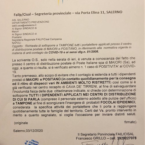 Contagio alle Poste di Maiori, Failp Cisal Salerno chiede screening di massa per tutela dipendenti e utenti