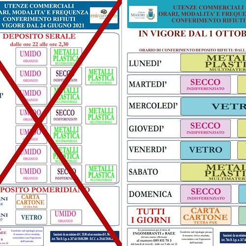 Dal 1° ottobre a Maiori è cambiato il conferimento dei rifiuti per le utenze commerciali: stop al deposito pomeridiano