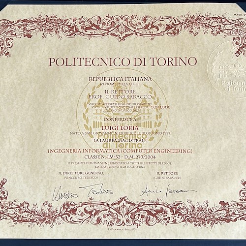 Laurea Magistrale da 110 e lode in Ingegneria Informatica per il maiorese Luigi Loria