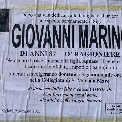 Lutto a Maiori per la scomparsa di Giovanni Marino, storico ragioniere dell'hotel Reginna Palace