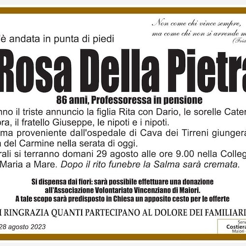 Lutto a Maiori per la scomparsa di Rosa Della Pietra, ex professoressa in pensione