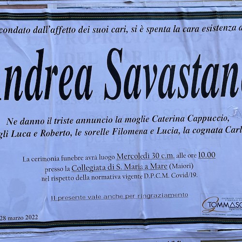 Maiori a lutto per l'inattesa scomparsa di Andrea Savastano, durante suo mandato da Sindaco costruì serbatoio al Castello