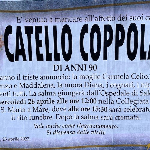 Maiori dice addio a Catello Coppola, aveva 90 anni