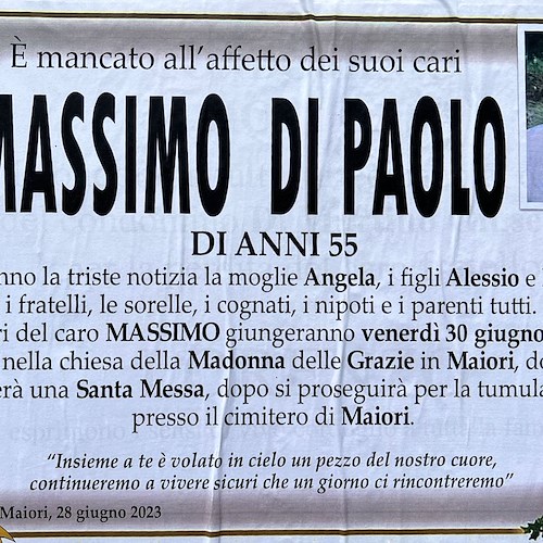 Maiori dice addio a Massimo Di Paolo: 30 giugno l'arrivo delle ceneri e la tumulazione al cimitero 