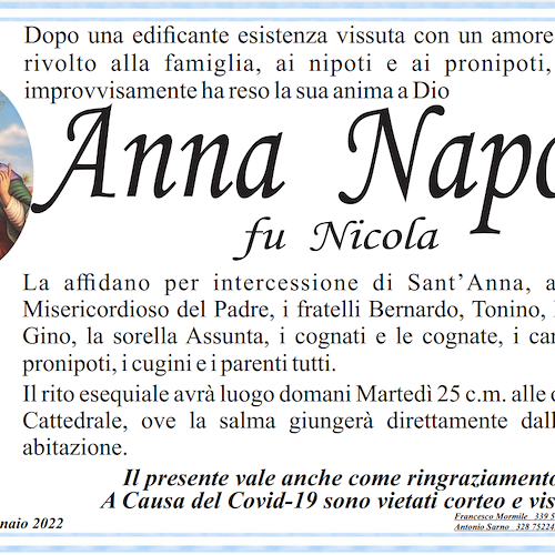 Maiori e Amalfi piangono la signora Anna Napoli, donna dalla bontà infinita