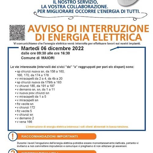 Maiori, martedì 6 dicembre interruzione energia elettrica. ORARI e VIE INTERESSATE