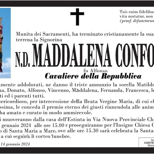 Maiori piange la morte della Nobil Donna Maddalena Conforti, aveva 94 anni