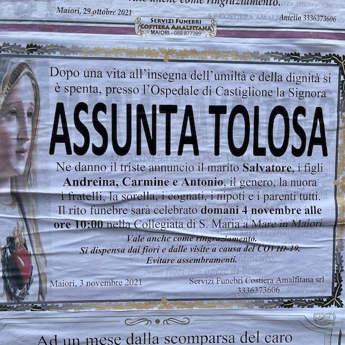 Maiori piange la scomparsa della signora Assunta Tolosa