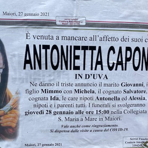 Maiori piange la scomparsa di Antonietta Capone, donna dall'eleganza d'altri tempi