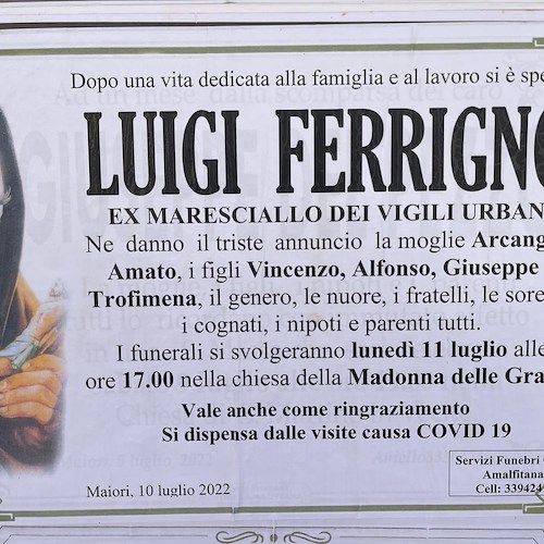 Maiori, si è spento Luigi Ferrigno: addio all'ex maresciallo dei vigili urbani 