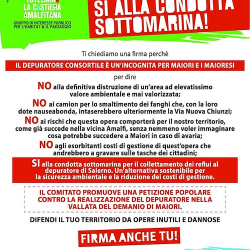 «No al depuratore! Sì alla condotta sottomarina!», al via la petizione del Comitato "Tuteliamo la Costiera amalfitana"