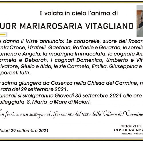 Si è spenta a Cosenza Suor Mariarosaria Vitagliano, domani i funerali a Maiori 