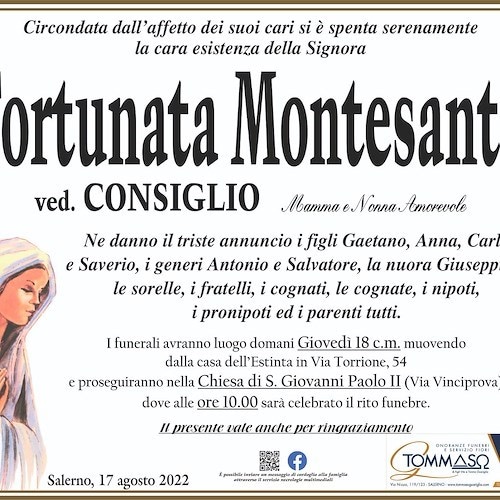 Si è spenta a Salerno Fortunata Montesanto, sorella dell’ex dipendente comunale di Maiori