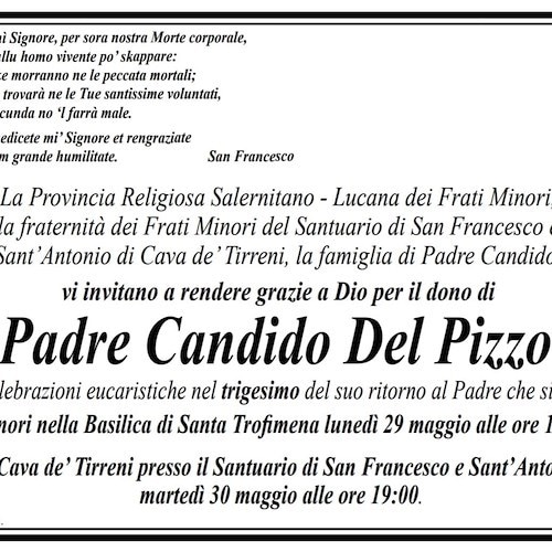 Un mese fa l'addio a Padre Candido Del Pizzo, 29 maggio a Minori una Messa per ricordarlo