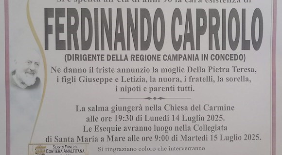 Maiori piange Ferdinando Capriolo, ex dirtigente della Regione Campania. Aveva 90 anni